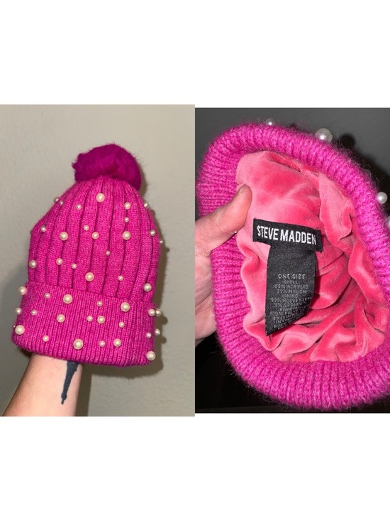 Steve Madden Accessories - Steve Madden Fuchsia Pearl Pom-Pom Beanie